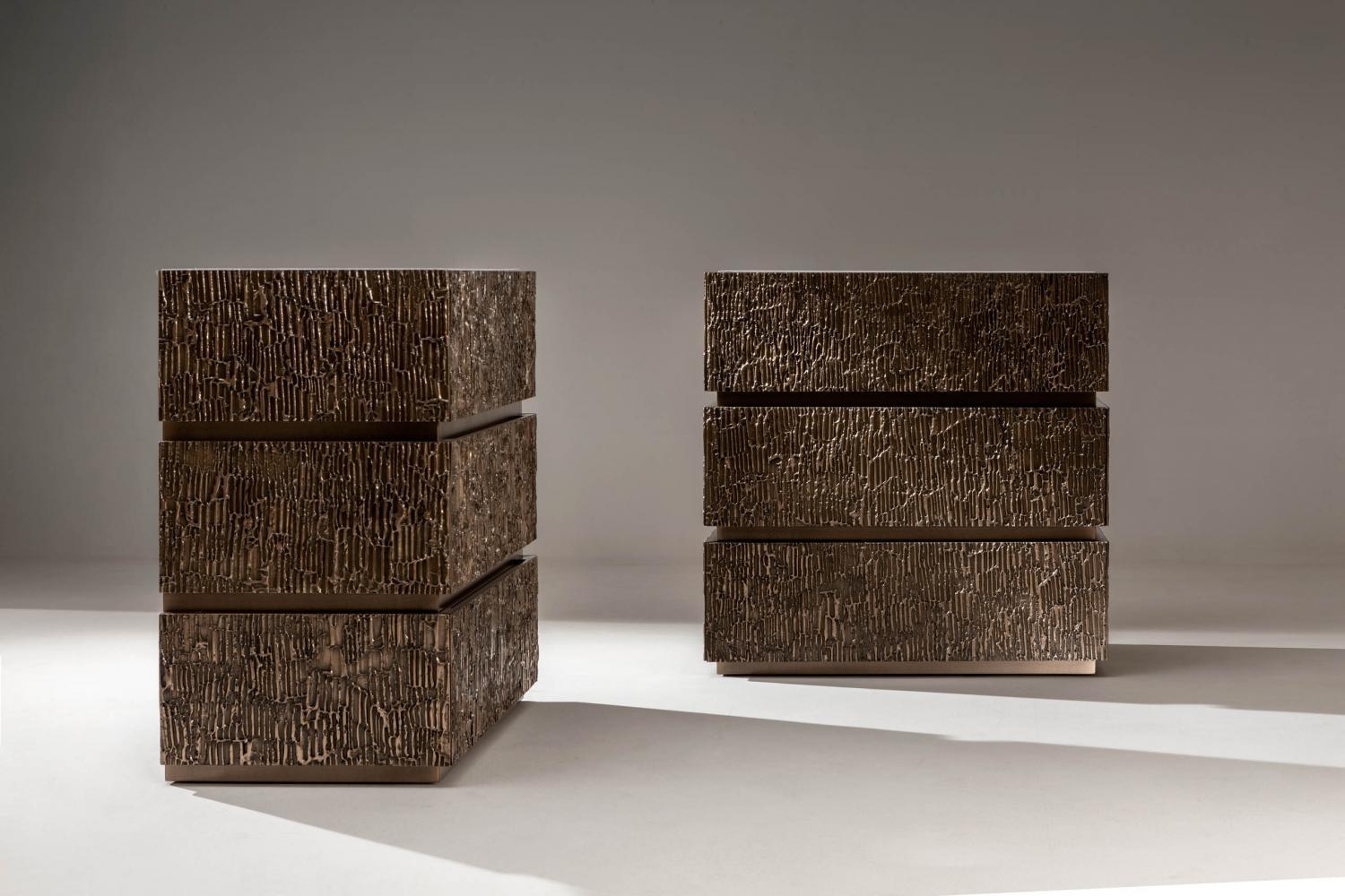 laurameroni corteccia dresser in carved wood covered with liquid metal finish