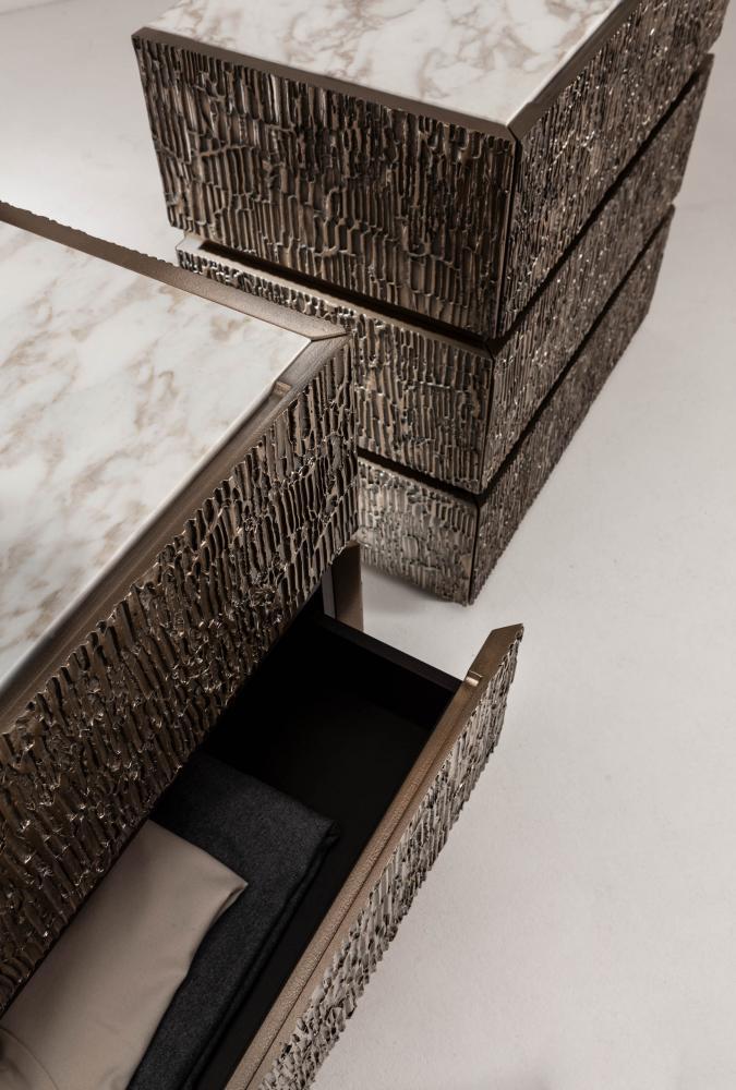 laurameroni corteccia dresser in carved wood covered with liquid metal finish and marble top