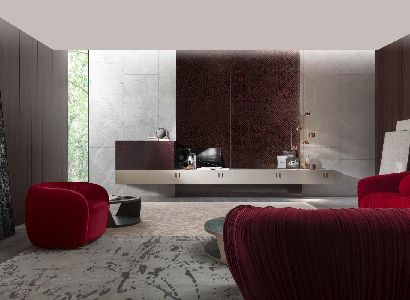 laurameroni modern living room with red and grey interior design