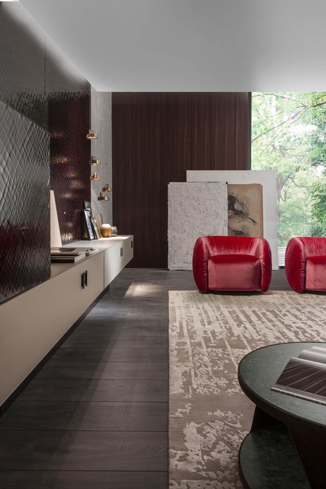 laurameroni modern living room with red and grey interior design