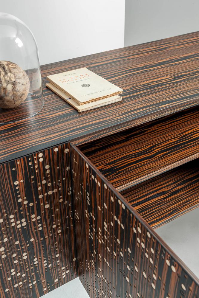 laurameroni creative contemporary low sideboard in textured inlaid wood