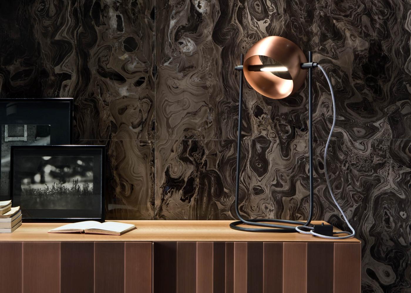 Round modern led table lamp in copper or burnished black iron
