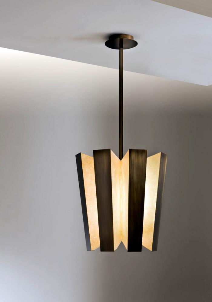 Suspended luxury led lamp in parchment and burnished brass
