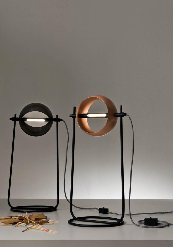 Round modern led table lamp in copper or burnished black iron