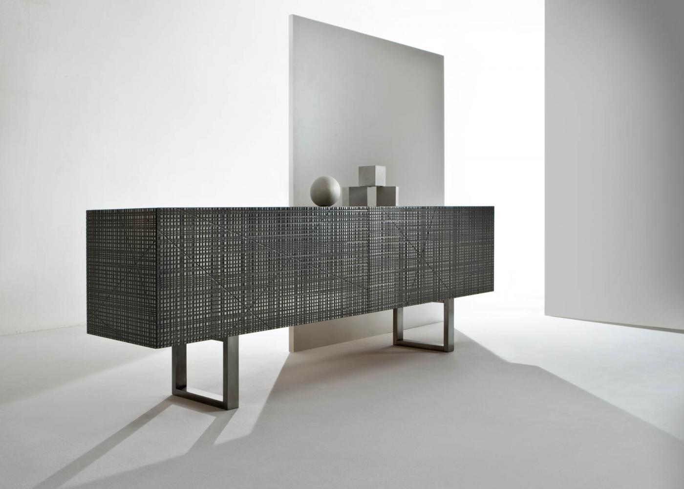 Low sideboard with Maxima surface in tin liquid metal finish 