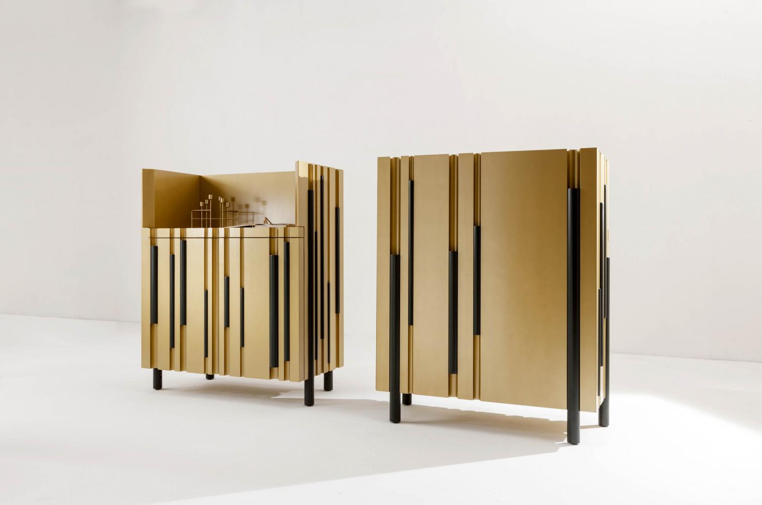 bamboo modern low sideboard with hinged doors with lacquered bars and channels made to measure