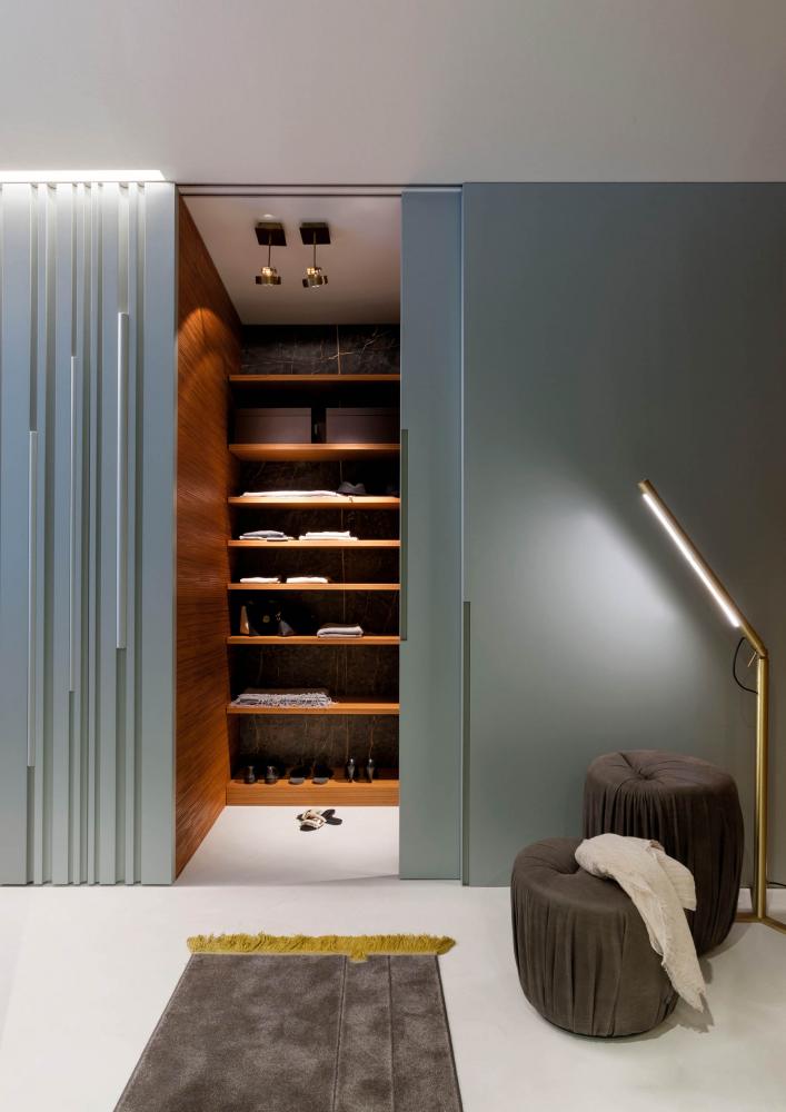 Custom made wooden lacquered luxury wardrobe with textured Bamboo hinged doors