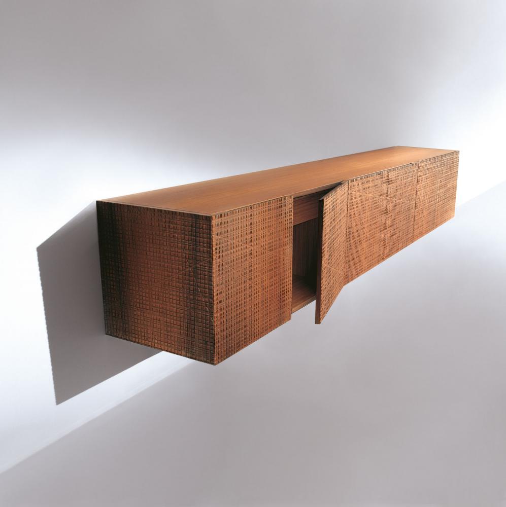 Bespoke modern low sideboard with Maxima texture carved wood hinged doors
