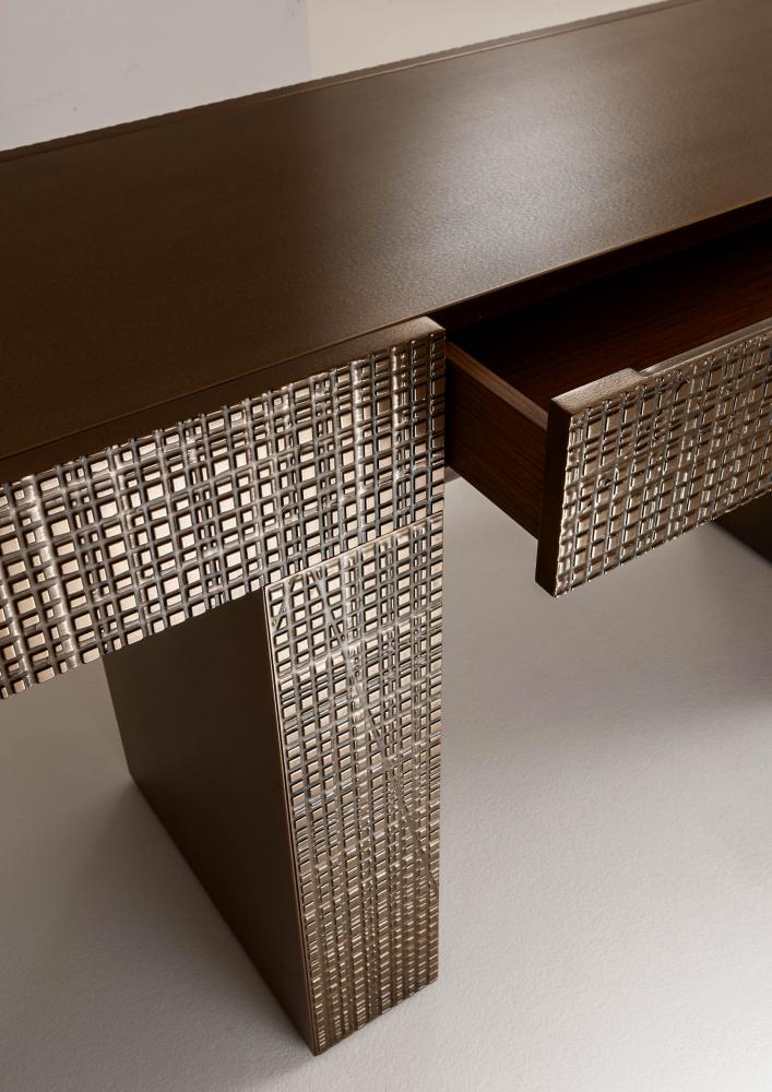 Modern console office home office desk table with drawer in Maxima liquid metal textured wood
