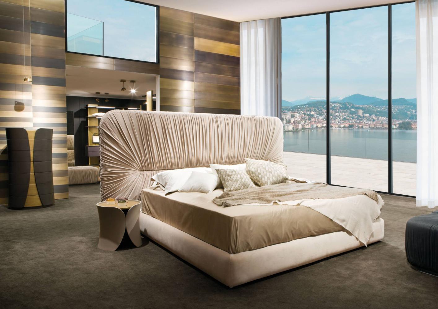 laurameroni custom luxury wooden box-spring base bed with draped headboard in velvet or leather