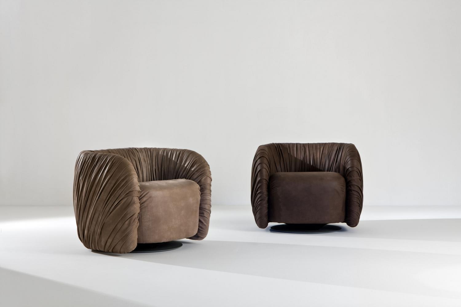 Drapè Lounge leather or velvet luxuxy swivel armchair with pleats