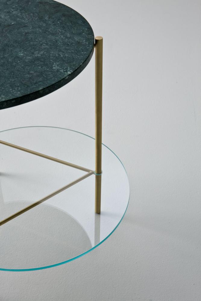 Round modern low coffee tables in brass marble and glass with minimal design