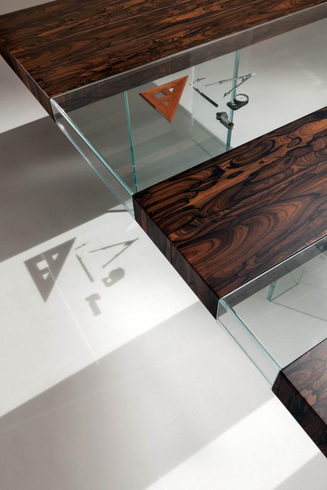 Elemento luxury modular rectangular table in ziricote wood and glass