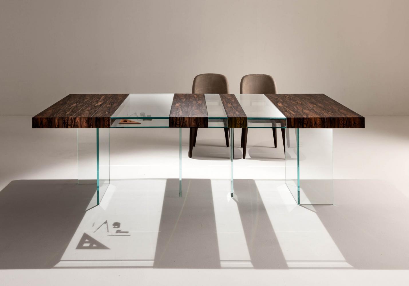 Elemento luxury modular rectangular table in ziricote wood and glass