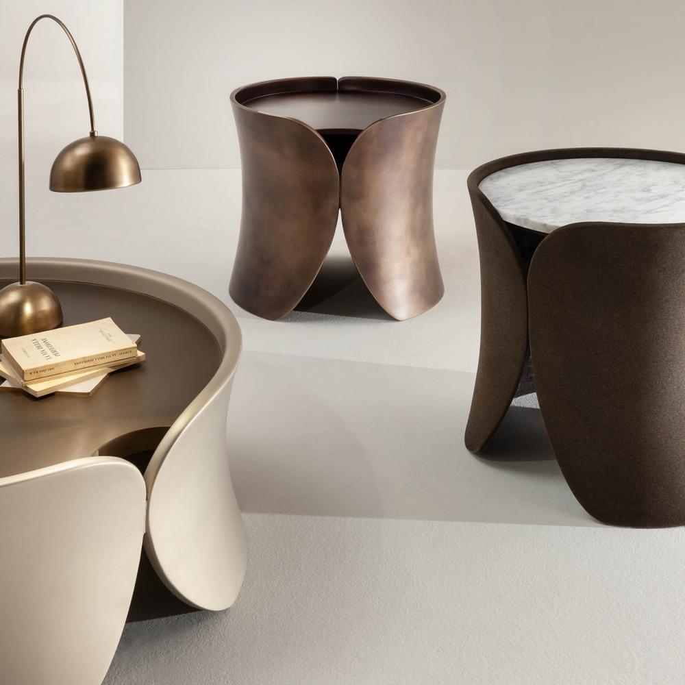 laurameroni hugs rounded low coffee tables in wood with customizable colour and finish