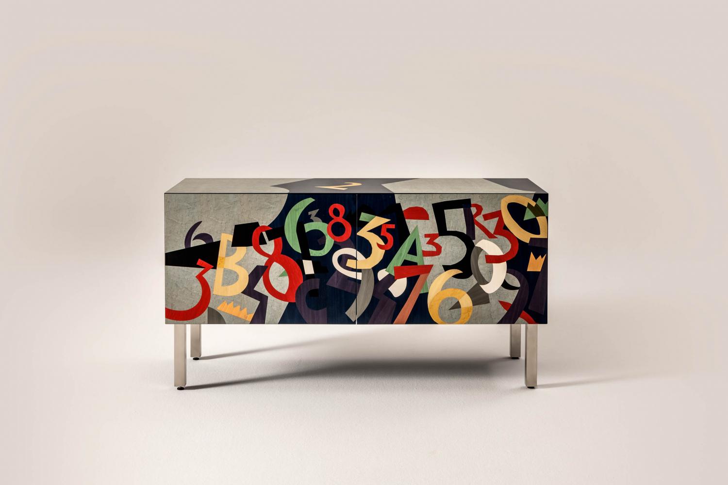 Modern limited edition sideboard in wood with inlays designed by Ugo Nespolo for luxury homes