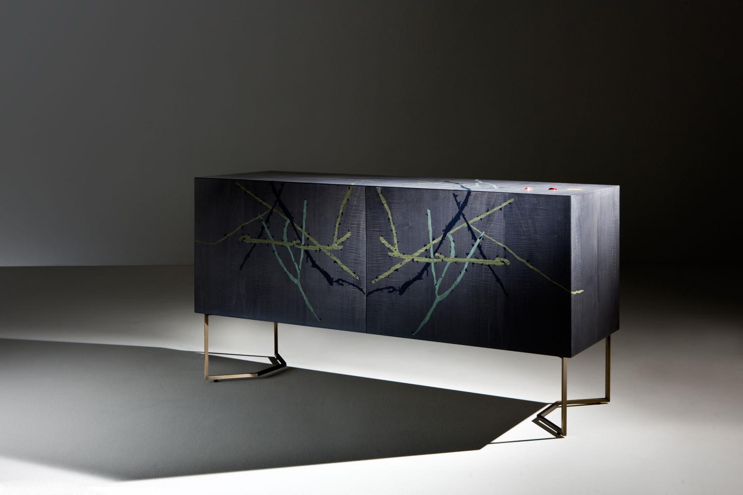 Modern limited edition sideboard in wood with inlays and brass legs designed by Fausta Squatriti for luxury home. 