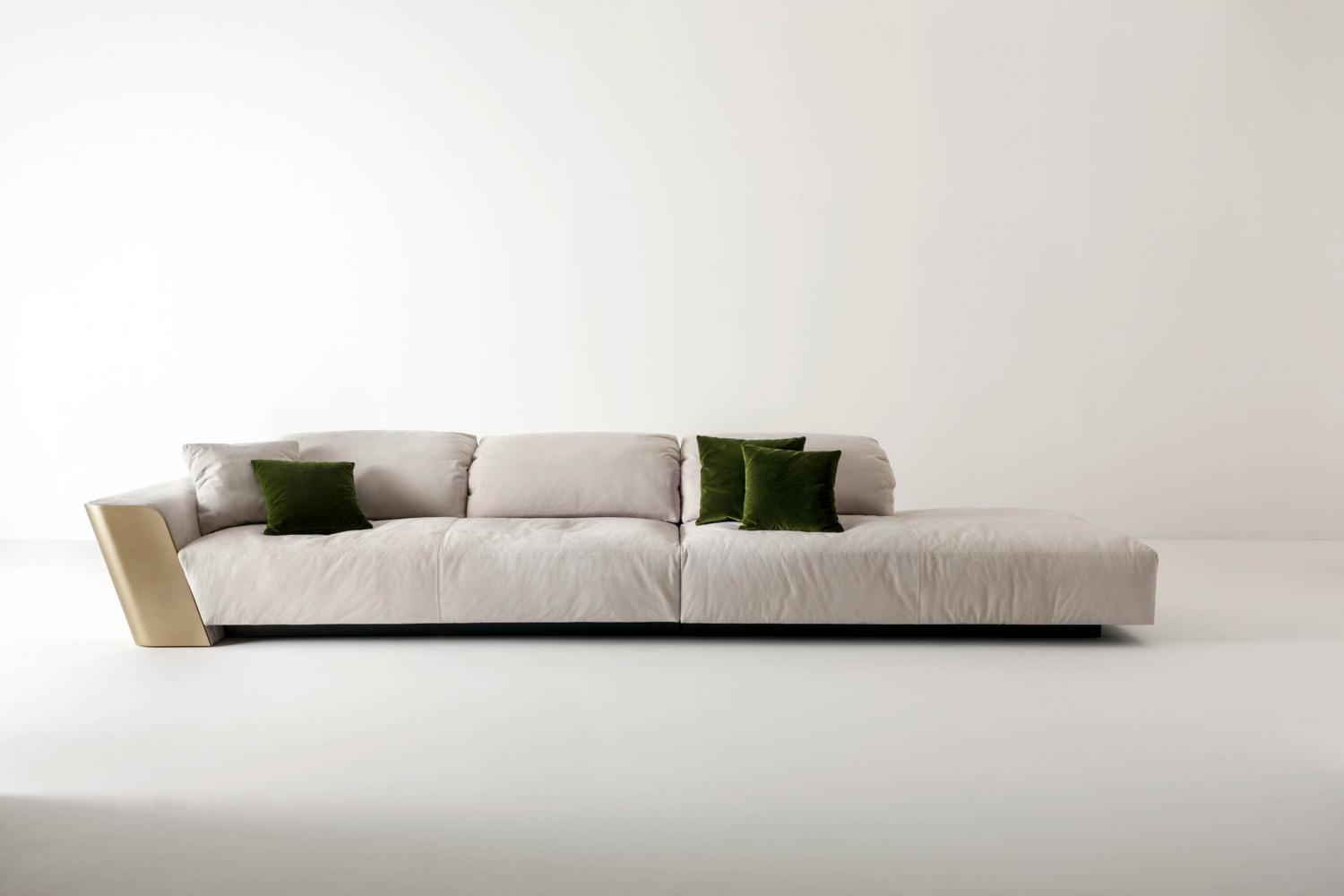 luxury modern design sofa with chaise longue in white nubuk leather and gold lacquered structure