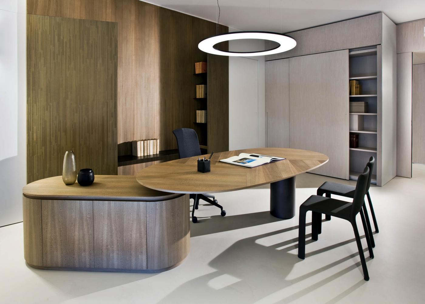 laurameroni luxury and elegant customized corporate modern design ceo office with integrated cabinets and panels in elm wood