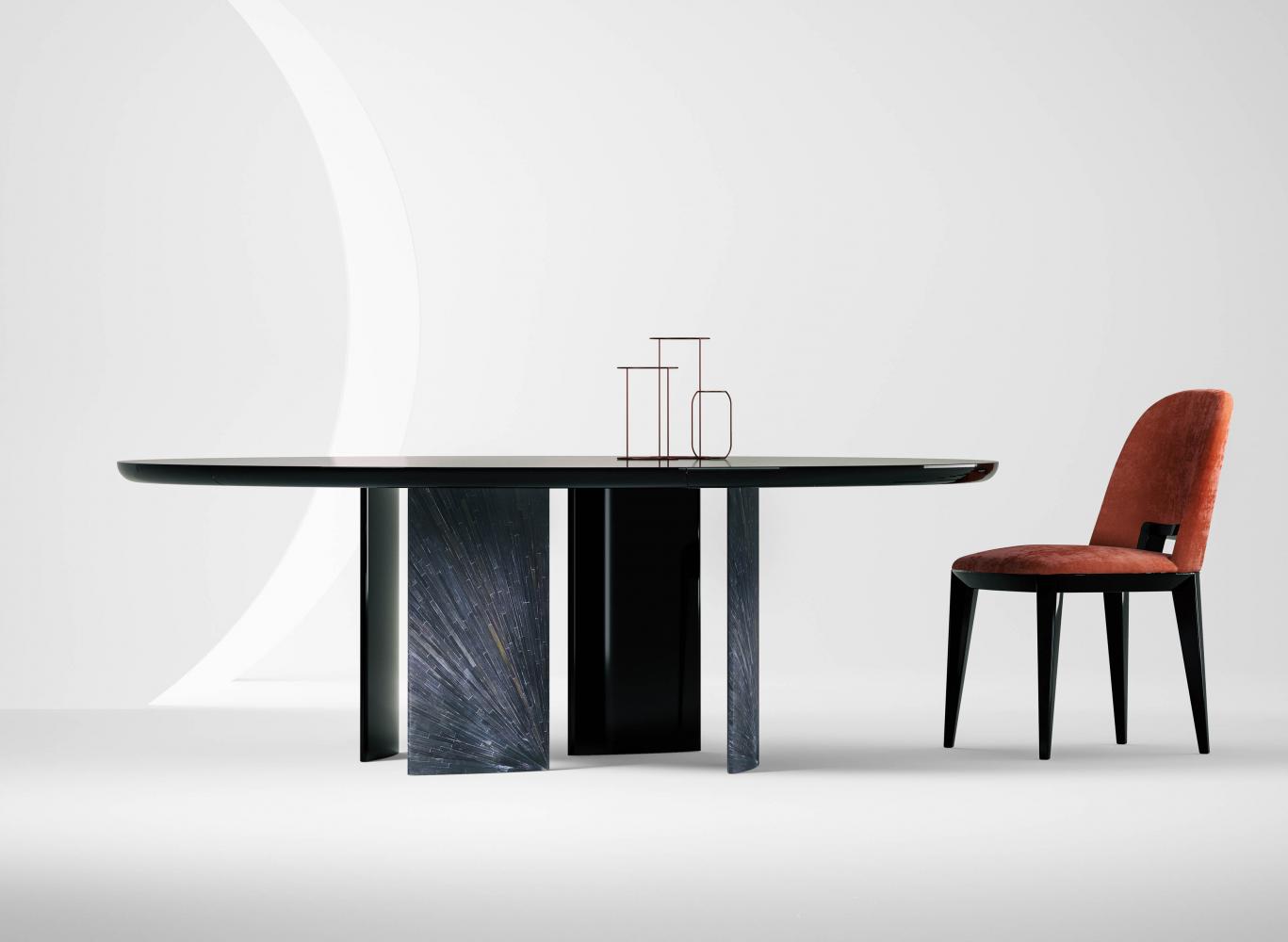 laurameroni poe made-to-measure table in glossy lacquered wood with black rye straw legs