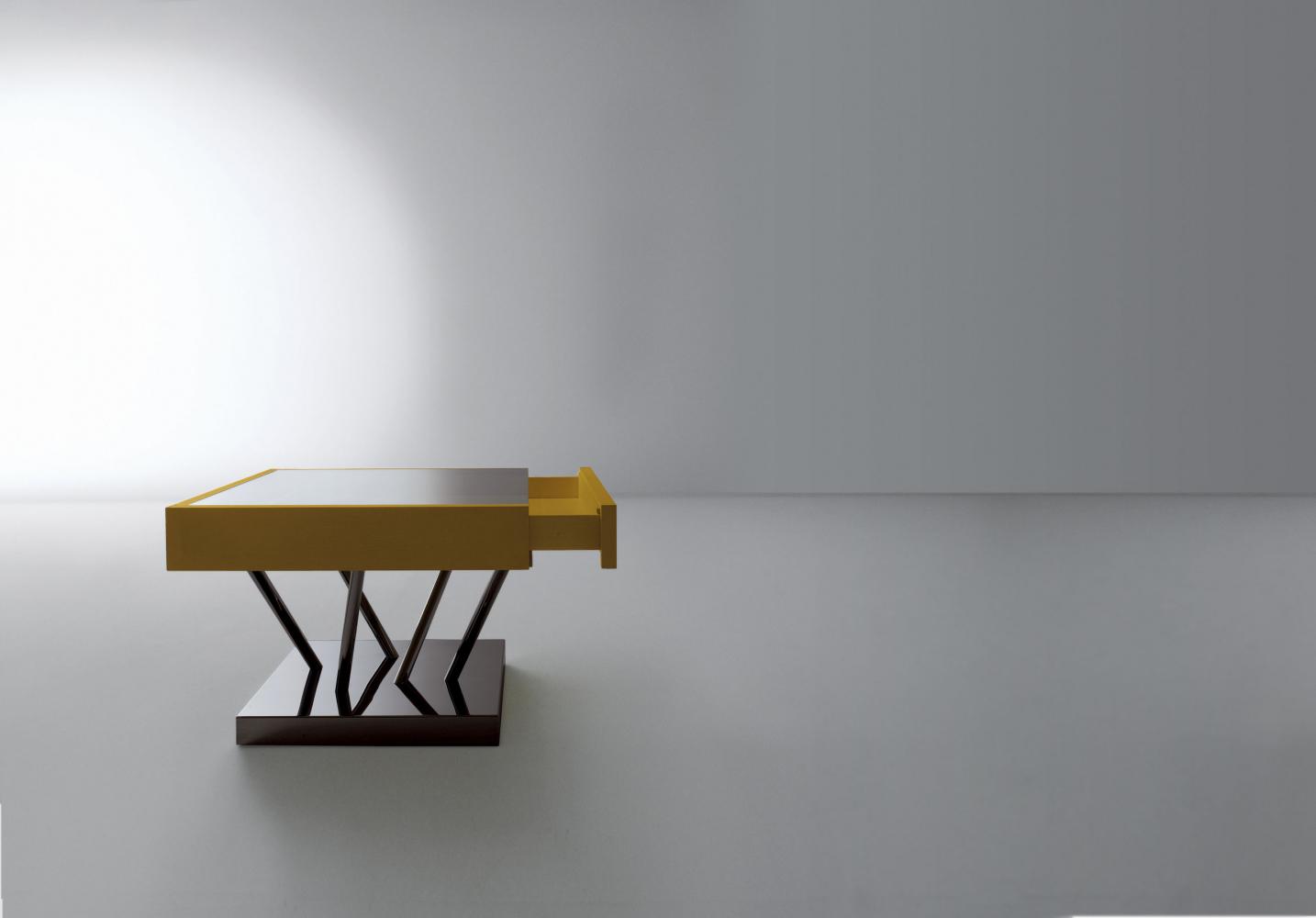 Contemporary square low table with drawer in glass and steel by Ettore Sottsass