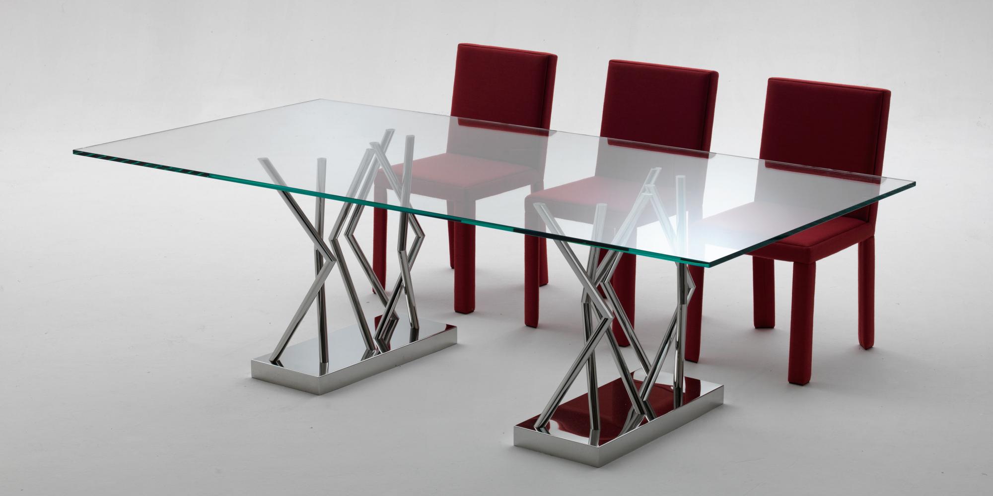 Modern glass and steel table designed by Sottsass Associati 