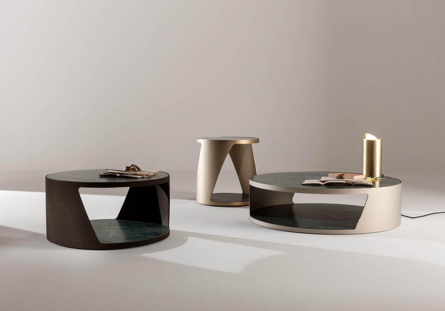 Shadow luxury modern design round coffee tables in metal brass finish, marble and crystal glass