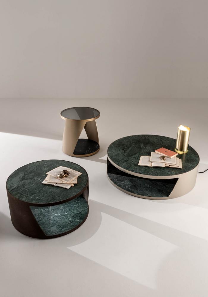 Shadow luxury modern design round coffee tables in metal brass finish, marble and crystal glass