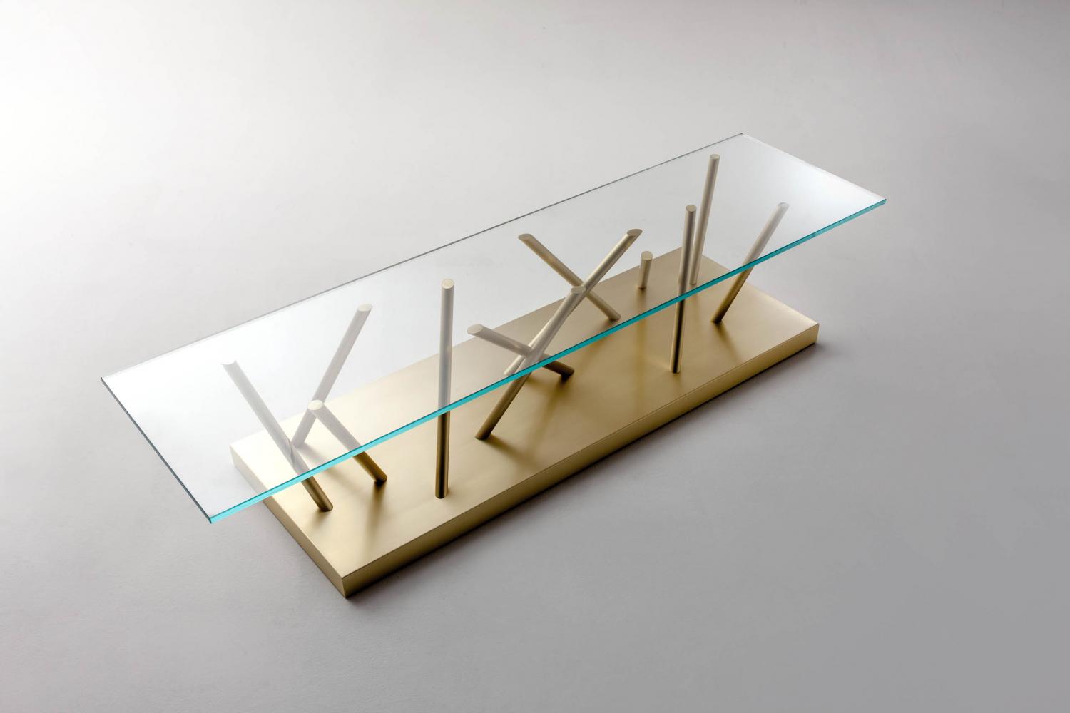 Contemporary recatngular low table in glass and steel by Ettore Sottsass