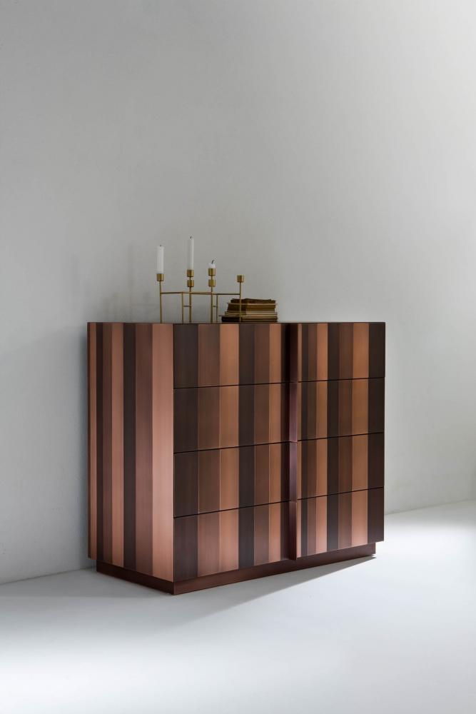 modern design luxury chest of drawers entirely clad in copper metal