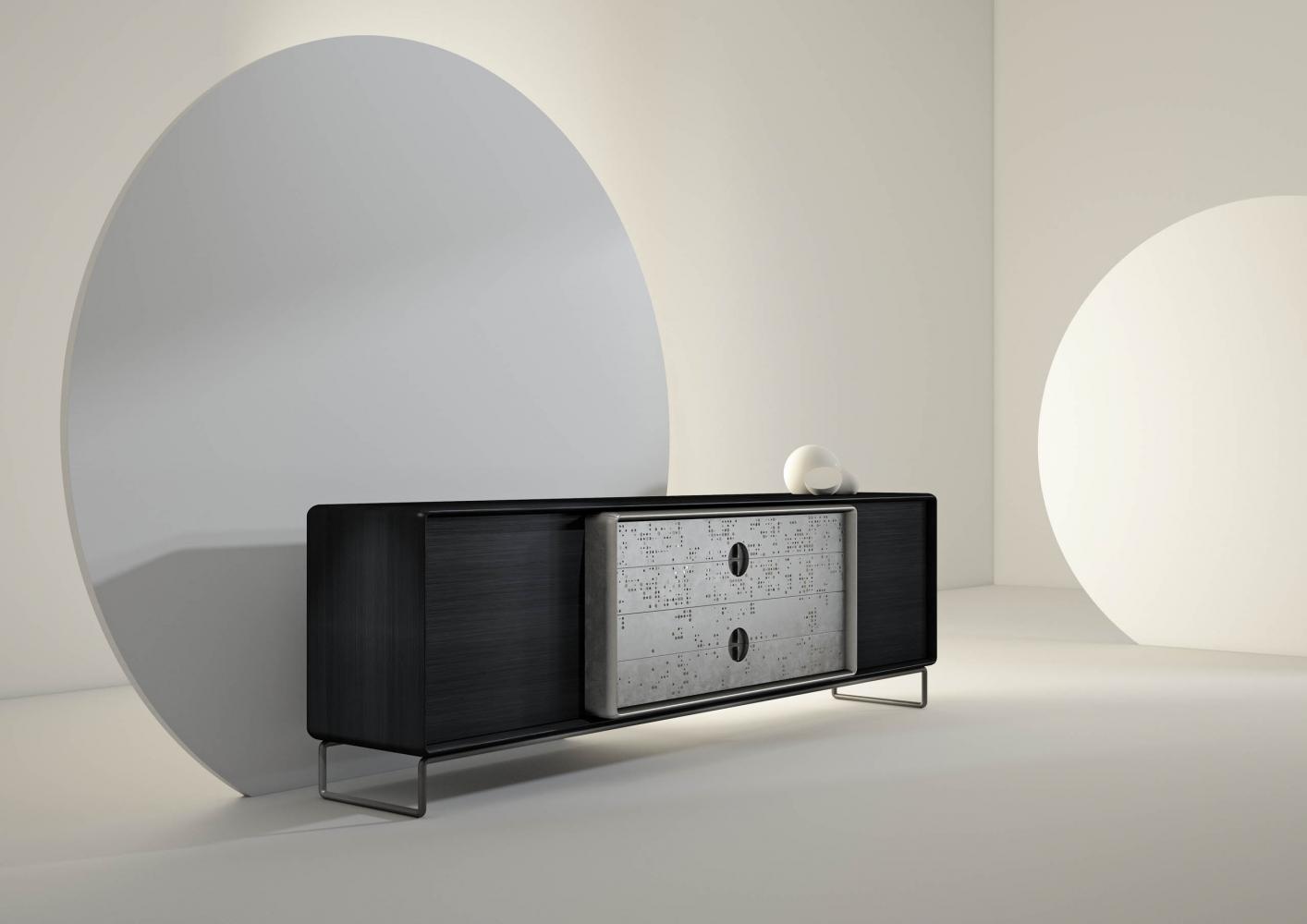 Talento Up customizable sideboard with burnished brass base and natural wood or brush matt laquered structure