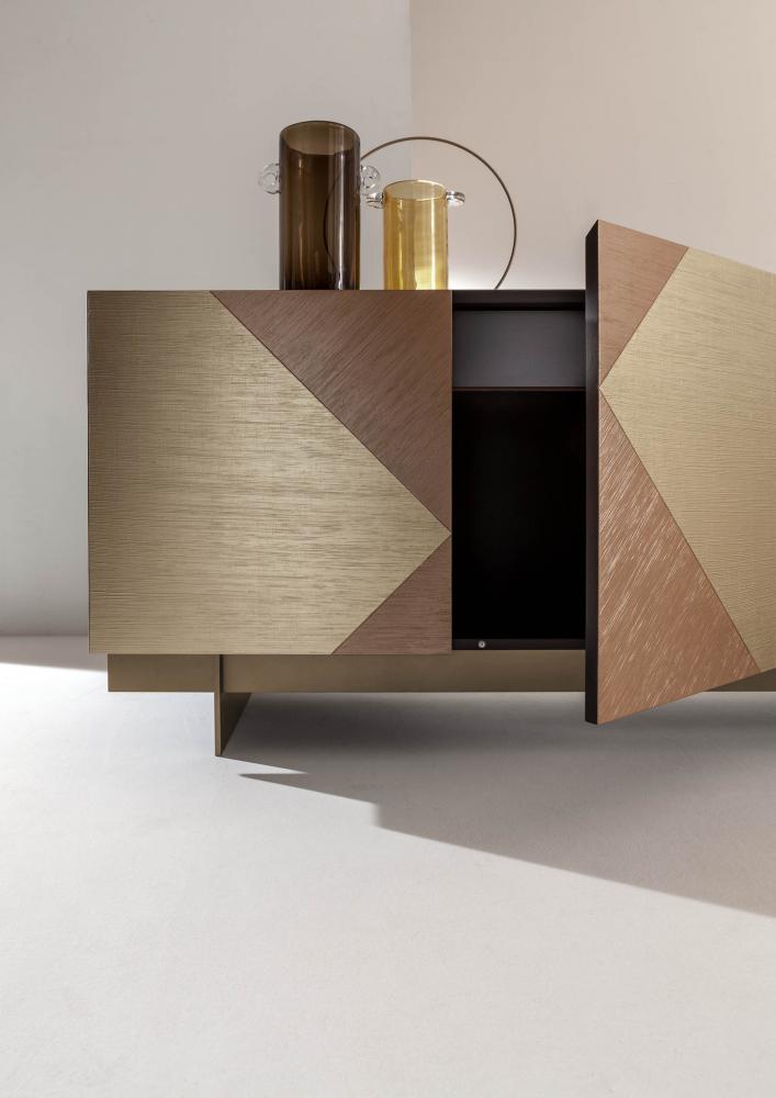 laurameroni tatami low sideboard with wooden geometrical decoration for luxury interior design and decor