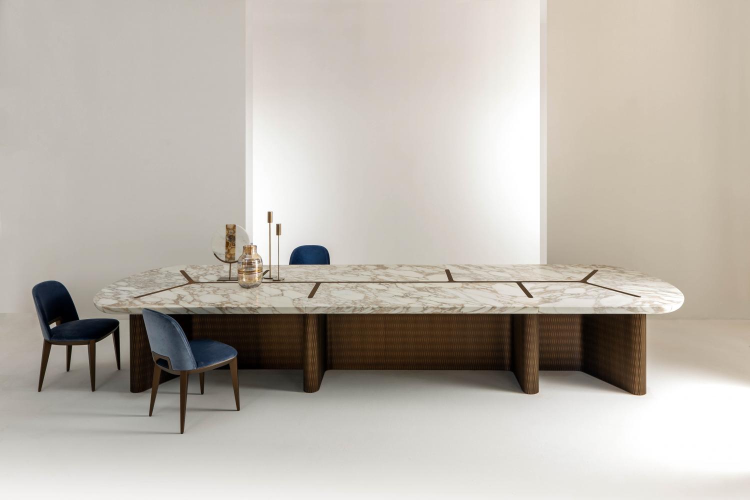 laurameroni made to measure infinity long table in white michelangelo marble