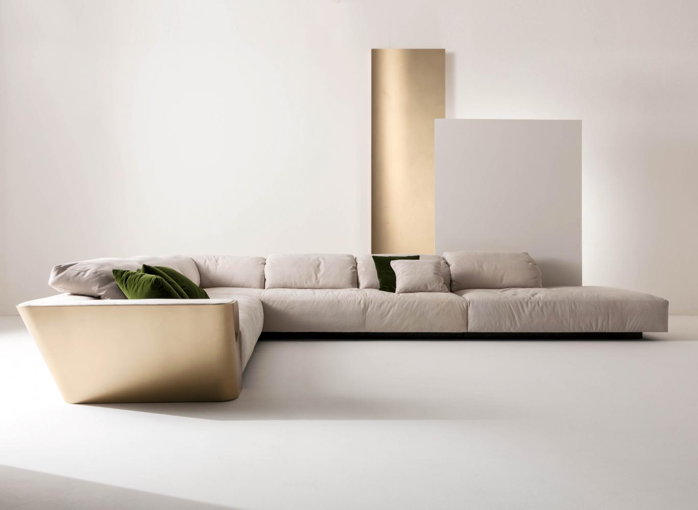 laurameroni modular customizable sofa in precious leather and gold wood