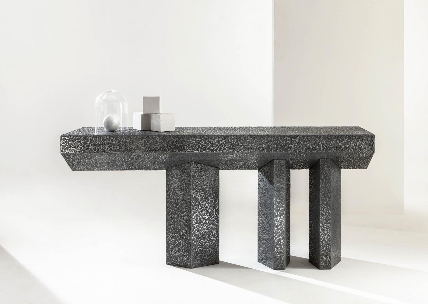 laurameroni imperfetto console in carved wood and liquid metal