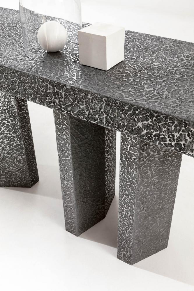 laurameroni imperfetto console in carved wood and liquid metal