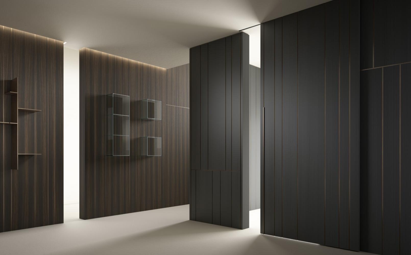 laurameroni made to measure pivot door and integrated wood panels line
