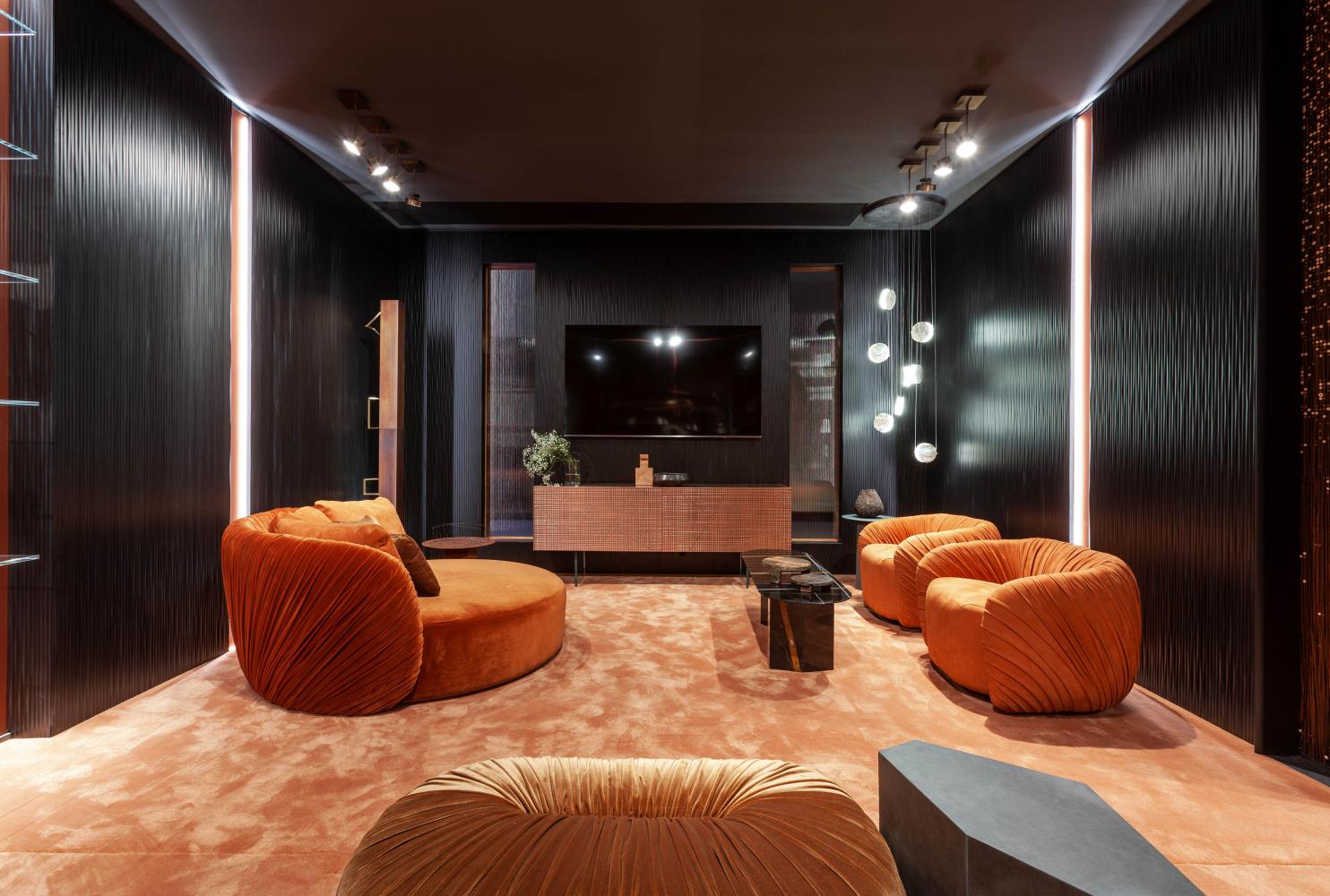laurameroni orange copper living room interior design with custom furniture