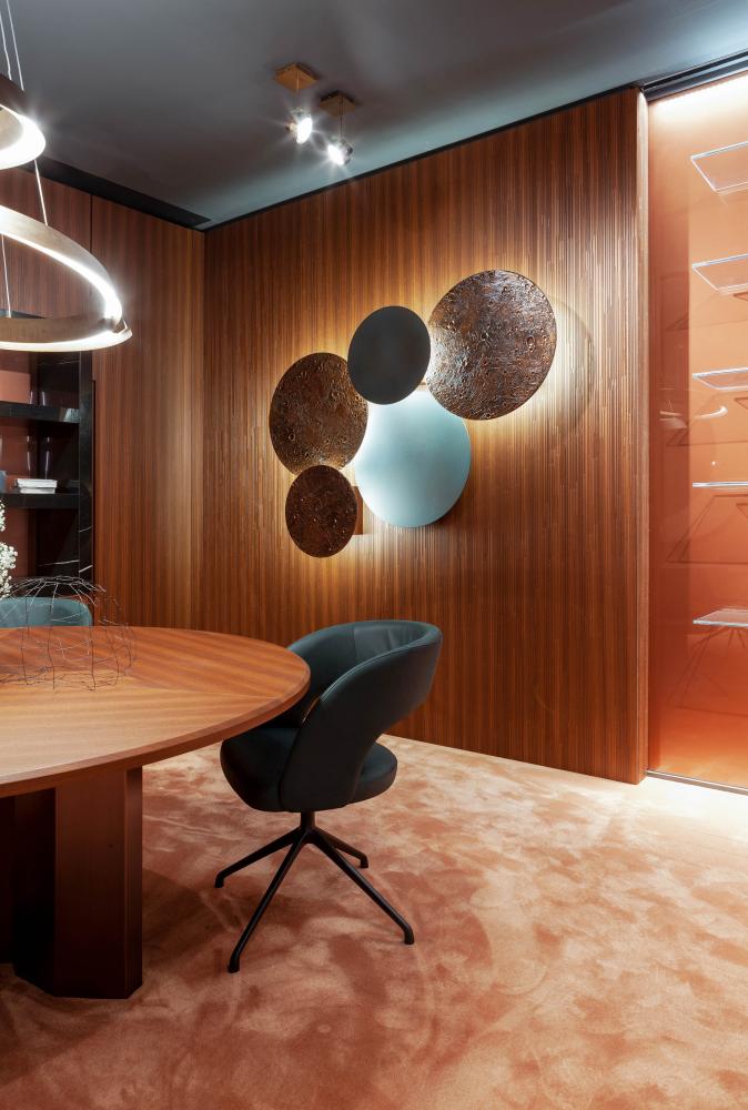 laurameroni office interior design with wooden wall panels and custom furniture
