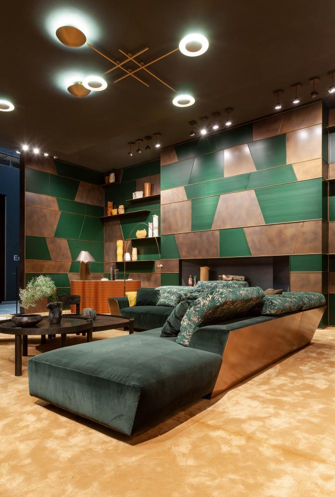 laurameroni green and brass living room interior design with custom furniture