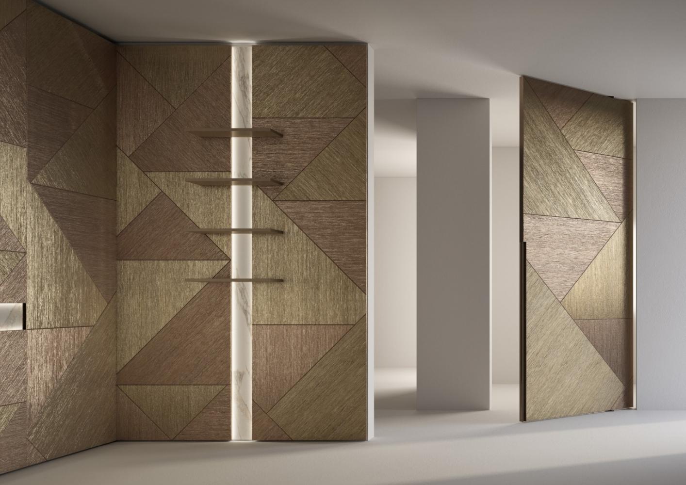 laurameroni integrated pivot door in textured gold wood