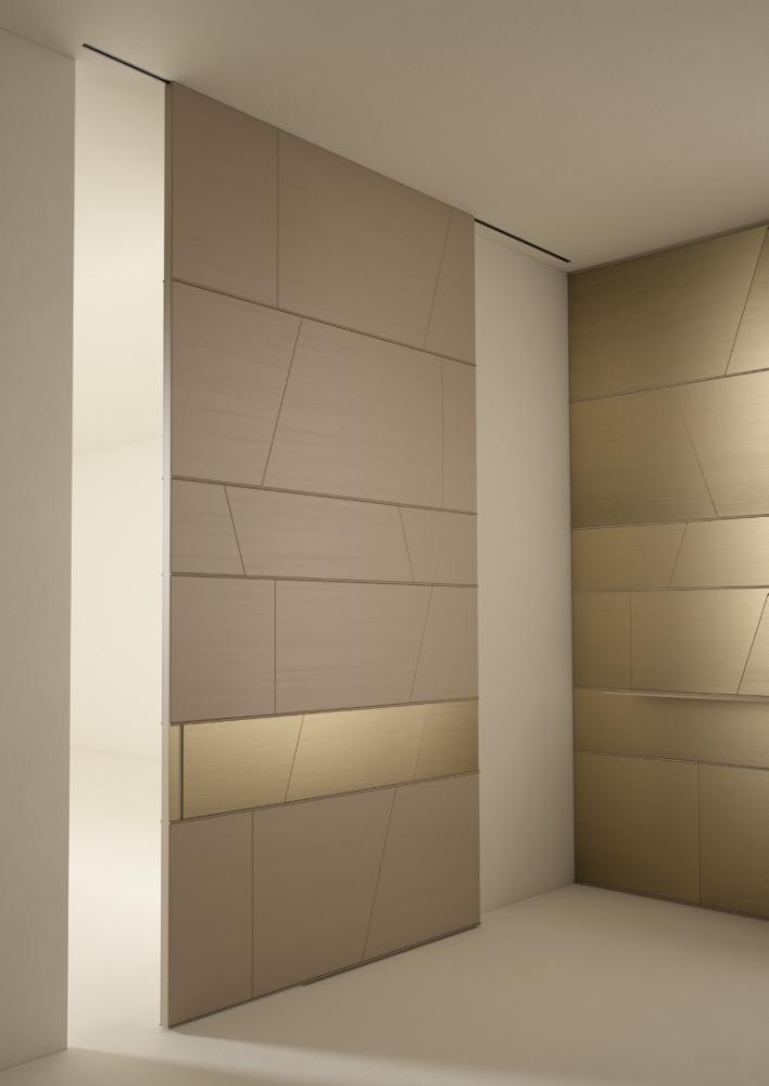 Modern wall panels in marble, wood and brass with Terre geometric design