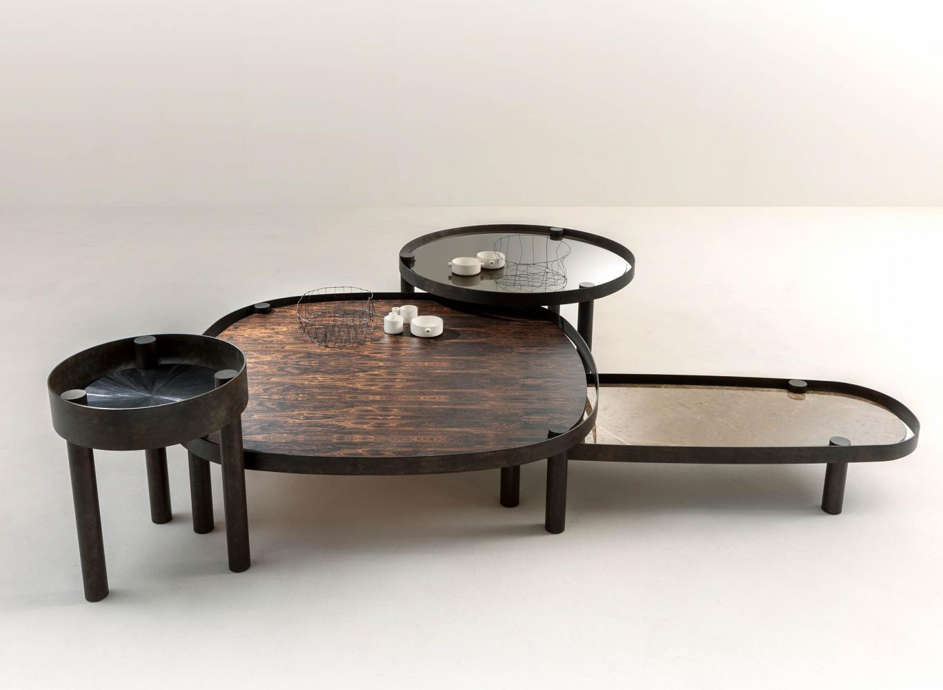 laurameroni low coffee tables customizable composition in metal, wood, marble and glass