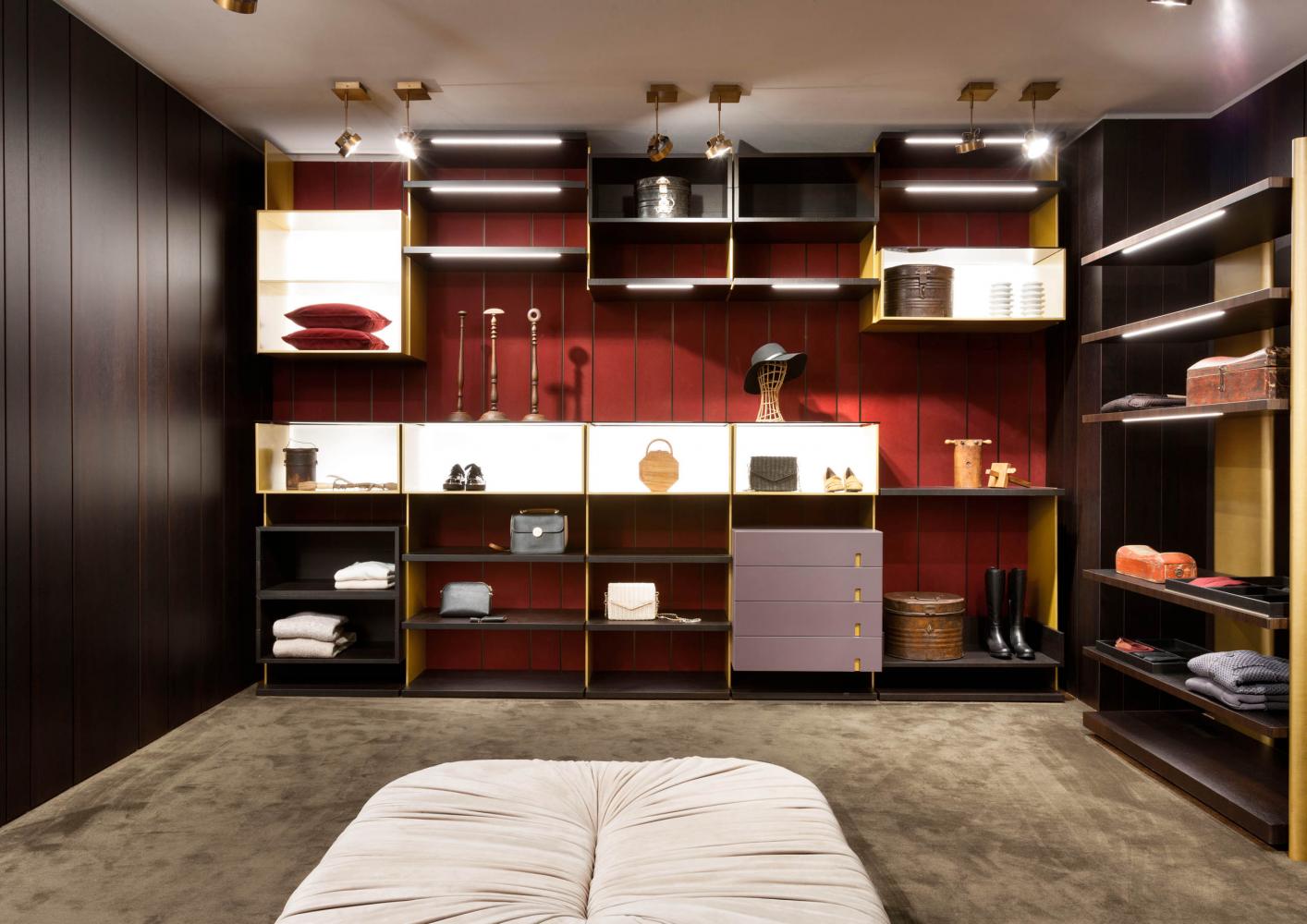 laurameroni custom made line walk-in closet system in heat-treated oak and lacquered brass finish
