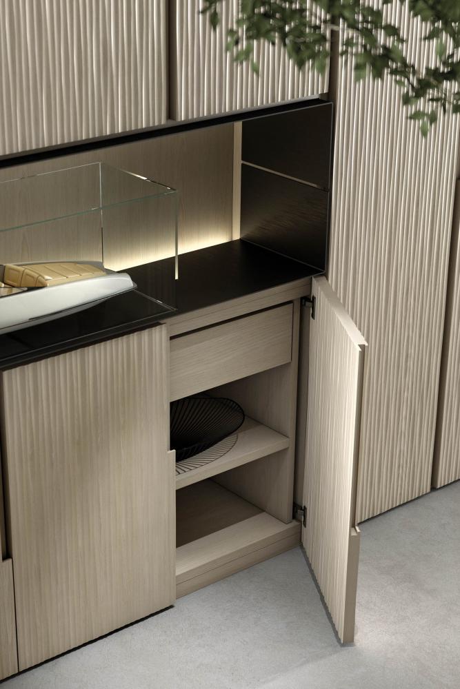Laurameroni Onda Cabinet System made to measure artisanal, luxury day wardrobes in carved materic wood