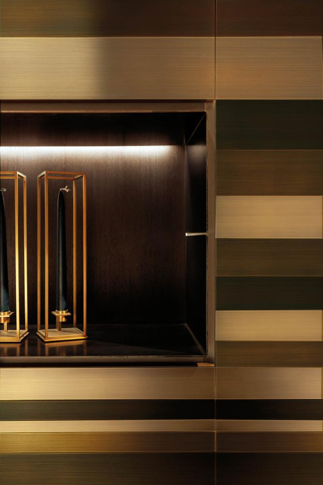 Laurameroni Stars Cabinet System made to measure artisanal, luxury day wardrobes in brass and copper metal stripes decoration
