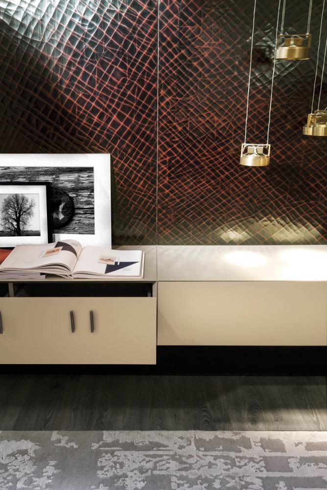 modern luxury living room with modular storage system configured as a tv unit in special lacquered surface