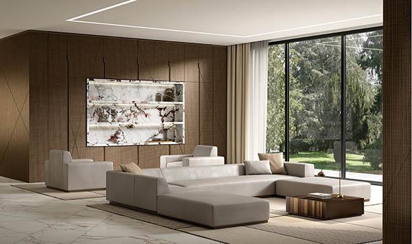 laurameroni day systems in wood, metal, fabric, marble to furnish modern livingrooms with custom made wardrobes