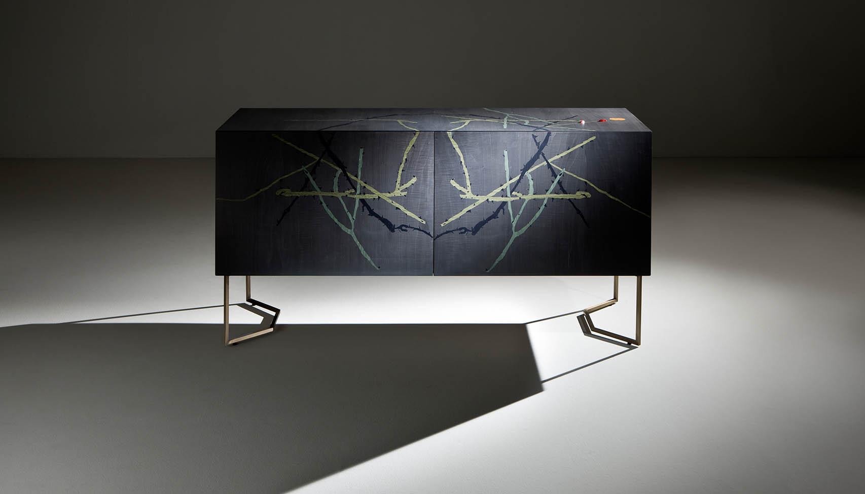 Intarsia limited-edition artistic sideboard in limited edition with wood inlays for exclusive luxury interior design