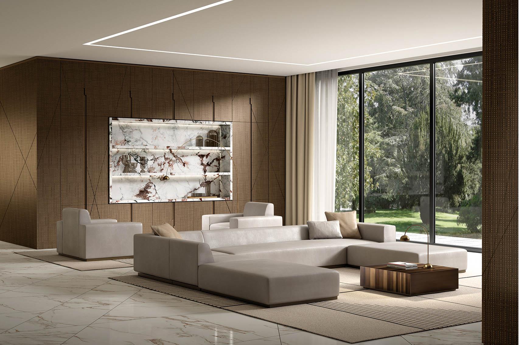 laurameroni day systems in wood, metal, fabric, marble to furnish modern livingrooms with custom made wardrobes